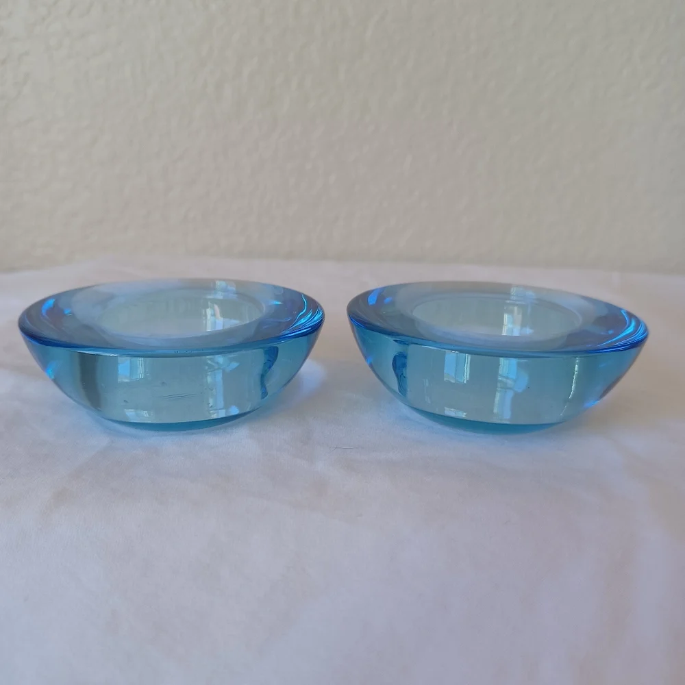 SET OF 2 Vintage IKEA Solid Glass Votive Tealight Candle Holders, Light Blue